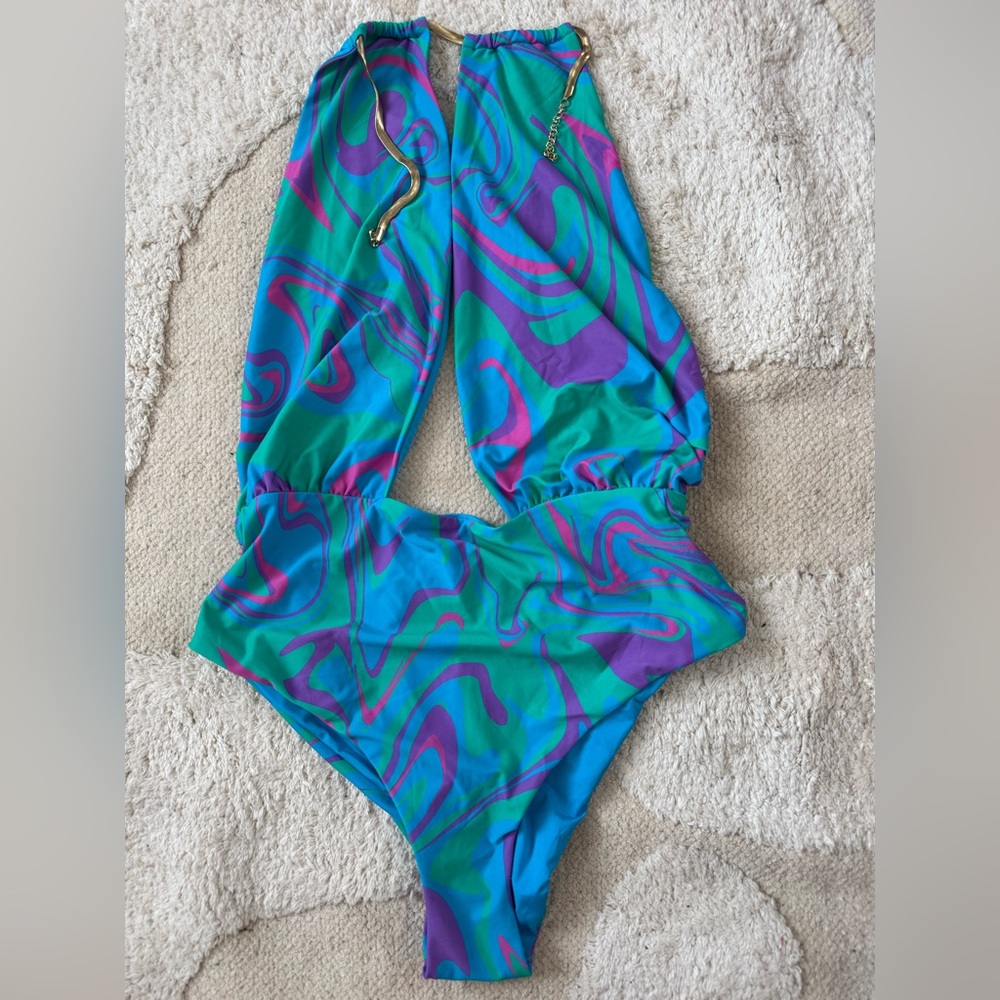 NWOT WeWoreWhat Snake Chain Necklace Plunging Halter One Piece Swimsuit, Medium - Picture 2 of 10